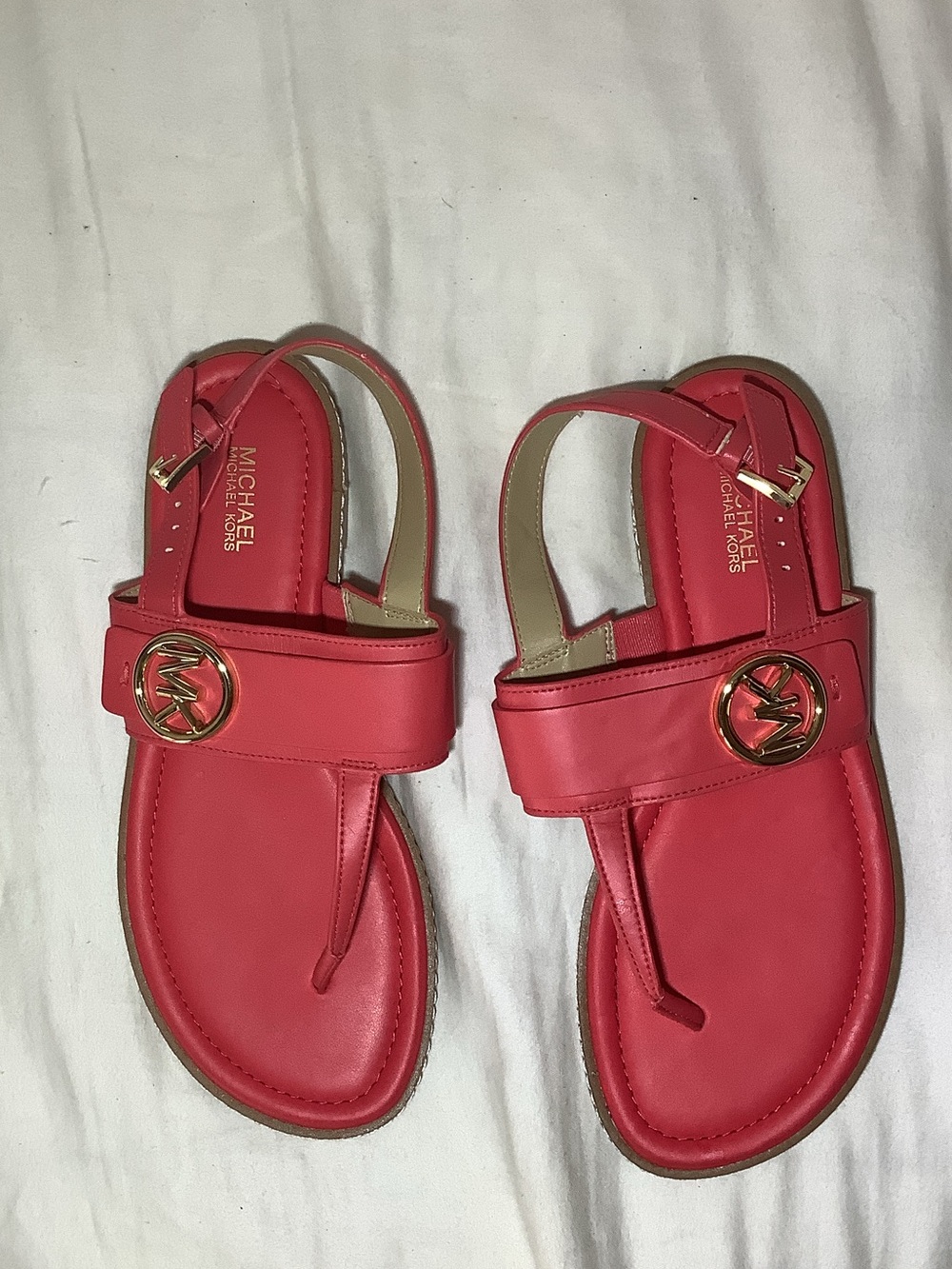 Michael Kors Coral Red Thong Sandals with Gold MK Emblem